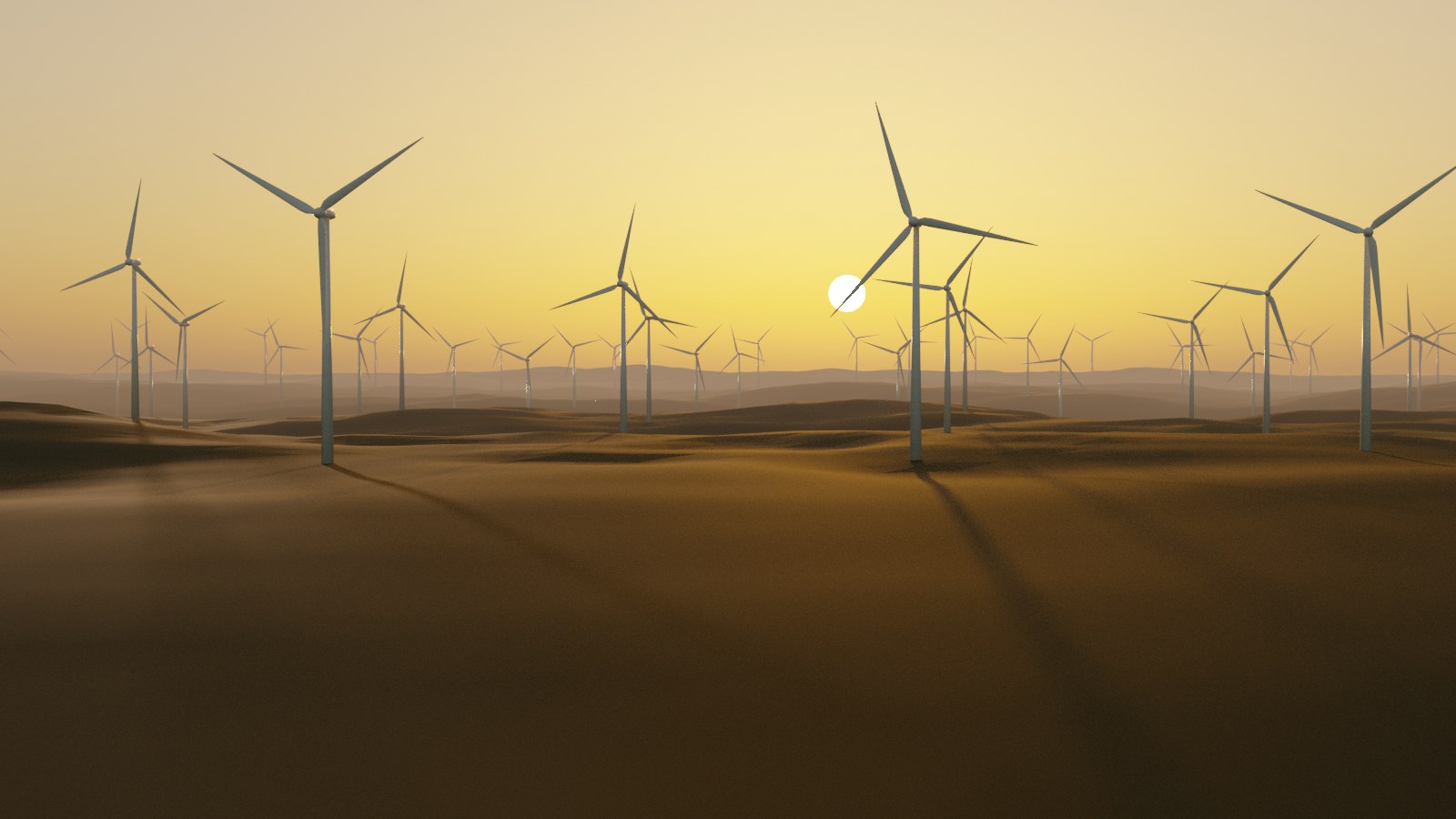 Blender render of a wind farm at dusk